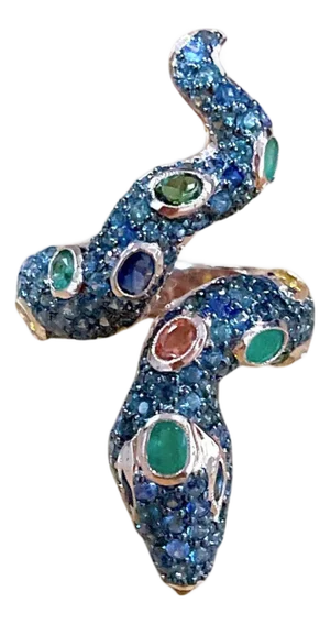 Bochic "Orient" Vintage Emerald & Fancy Sapphires Serpent Ring 18K & Silver