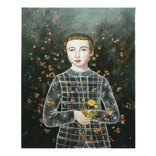 Boy with Calen, Anne Siems, Surreal Figurative Painting, Boy with Flowers, 2017 For Sale