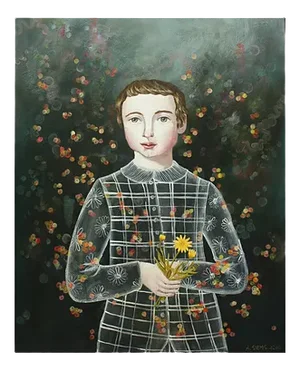 Boy with Calen, Anne Siems, Surreal Figurative Painting, Boy with Flowers, 2017