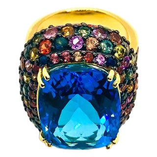 Bochic “Orient” Vintage London Blue Topaz & Multi Sapphire Ring Set In 18 K Gold For Sale
