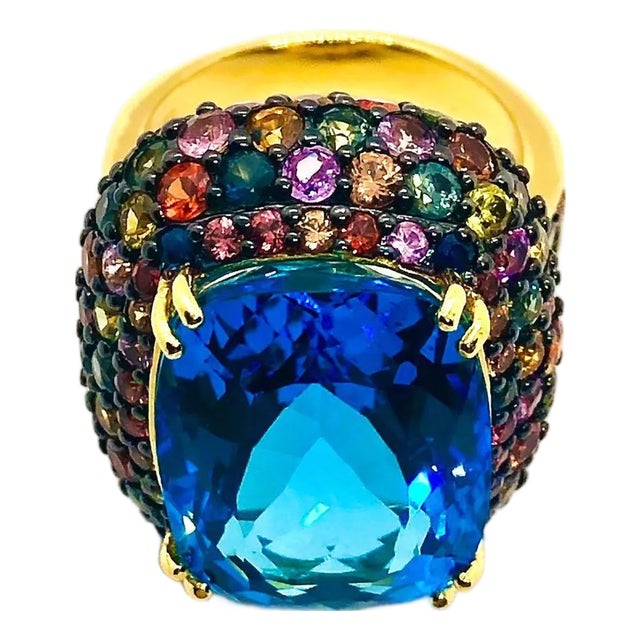 Bochic “Orient” Vintage London Blue Topaz & Multi Sapphire Ring Set In 18 K Gold For Sale