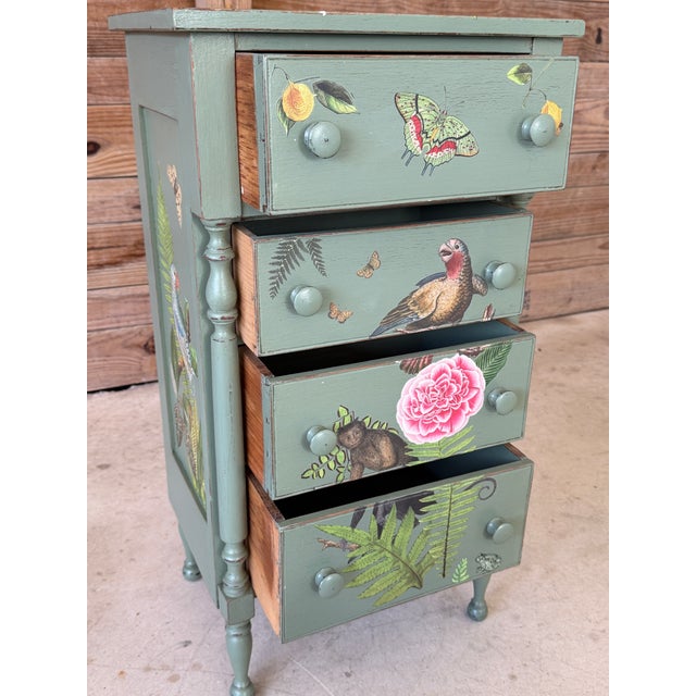 Celadon Custom Painted Tropical Decoupage Appliqué Four Drawer Chest For Sale - Image 8 of 12