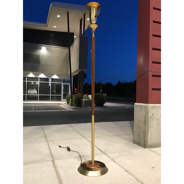Brass and walnut torchiere floor lamp with large antique style bulb holder and 3-way switch, manner of Gerald Thurston for...