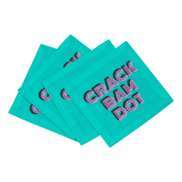 Mahjong Crack Bam Dot Acqua Pink Cotton Sateen Cocktail Napkins, Set of 4 For Sale