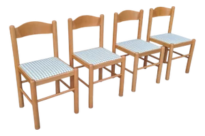 Mid Century Modern Blonde Wood Dining Chairs With Green Gingham Upholstered Seats- Set of 4