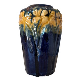 Beautiful Ink Blue and Orange Brush McCoy Vase in Excellent Vintage Condition For Sale