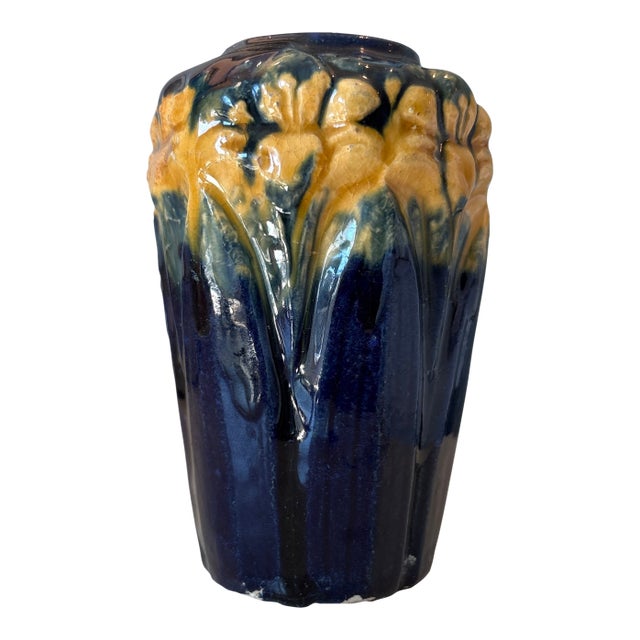 Beautiful Ink Blue and Orange Brush McCoy Vase in Excellent Vintage Condition For Sale