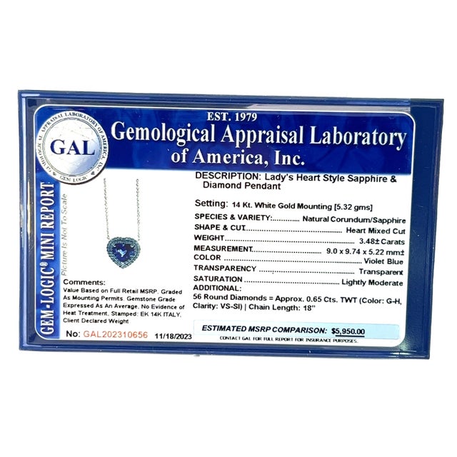 Natural Heart Sapphire Diamond Pendant 18" 14k W Gold 4.13 TCW Certified For Sale - Image 15 of 16