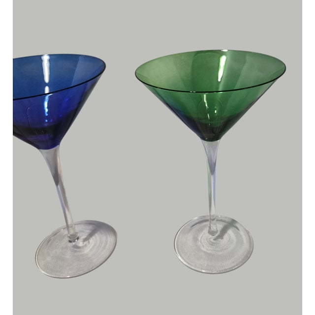 Contemporary Late 20th Century Elegant Festive Multi Color Jewel Tone Set of Four Martini Cocktail Glasses For Sale - Image 3 of 8