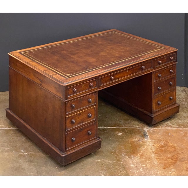 Chestnut Large English Partner's Pedestal Desk of Mahogany With Embossed Leather Top For Sale - Image 8 of 13