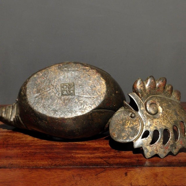 Chinese Antiqued Bronze Rooster Incense Burner - Chinese Gilt Metal Bird Sculpture For Sale - Image 3 of 9