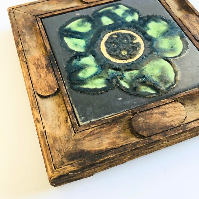 Mid 20th Century 1970s Spanish Tile Trivet in Carved Wood Frame For Sale - Image 5 of 9
