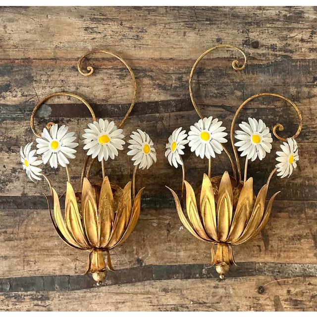 Vintage Italian Tole Daisy Sconce - A Pair For Sale - Image 4 of 12