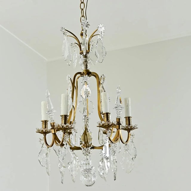 French Vintage Petite Brass & Crystal Chandelier For Sale - Image 10 of 12