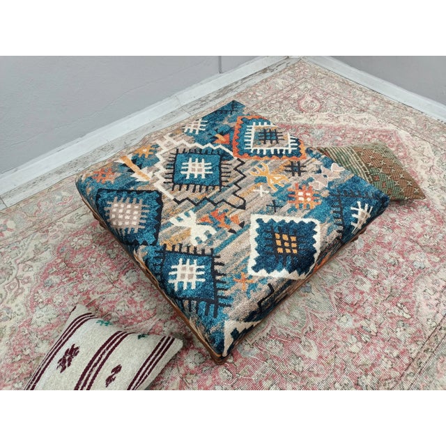 2020s Rug Print Fabric Upholstered Geometric Top Coffee Table Ottoman For Sale - Image 5 of 8