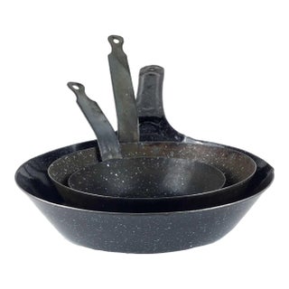 Vintage Set of 3 Black Enamel Coated Metal Pans For Sale
