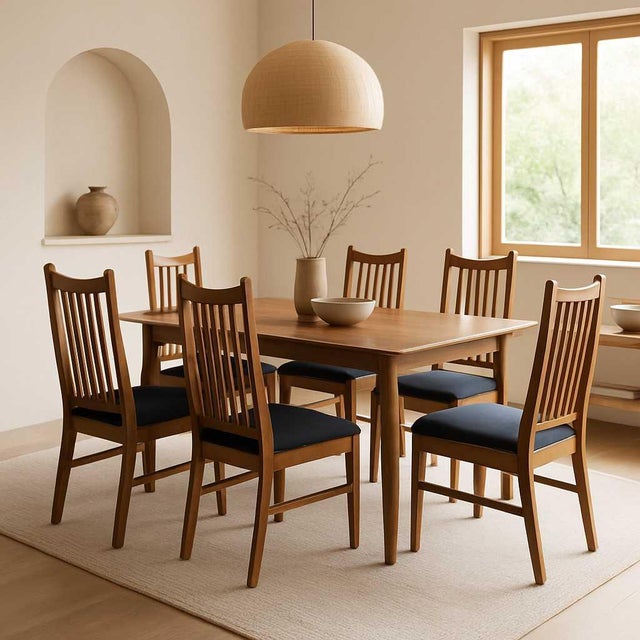 Set of Six Restored Mid-Century Oak Slat-Back Dining Chairs. A matched set of six vintage oak dining chairs with tall...