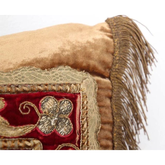 Antique Silk Velvet Lumbar Pillow With Metallic Gold Threads For Sale - Image 4 of 13