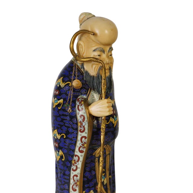 Blue 20th Century Chinese Antique Cloisonne Longevity Star Statuary For Sale - Image 8 of 13