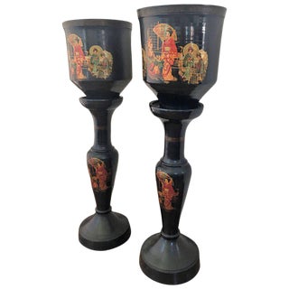 Pair of Large Chinoiserie Style Urns or Vases on Pedestals of Glazed Terracotta For Sale