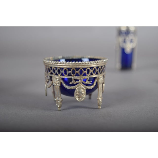 Metal Antique Louis XVI Style Silver and Cobalt Blue Glass Condiment and Cruet Set with Spoons, 1990s, Set of 7 For Sale - Image 7 of 16