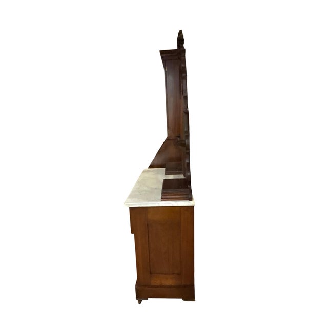 Coffee Antique Victorian Walnut Marble Top Dresser With Tilting Mirror & Hand-Carved Acorn Pulls For Sale - Image 8 of 10