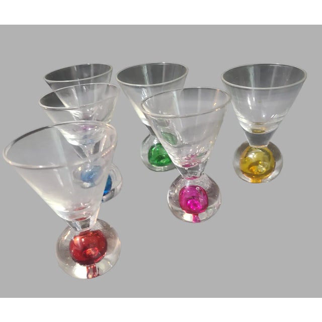Vintage Set of Six Italian Art Glass Colorful Bubble Base Cordials, Shot, Snap, Glasses, measuring 3.5'' High 2.25'' Wide...