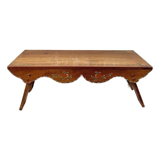 Vintage Danish Style Handcrafted Folk Art Wood Bench With Hand Painted Designs For Sale