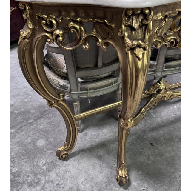 Louis XV Rococo Style Carved Giltwood Console Table with Marble Top, 1940s For Sale - Image 3 of 6