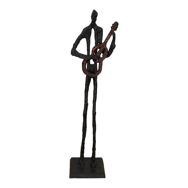 Vintage Giacometti-Style Brutalist Bronze Guitarist Sculpture 25" Tall, EUC For Sale