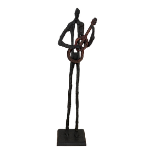 Vintage Giacometti-Style Brutalist Bronze Guitarist Sculpture 25" Tall, EUC