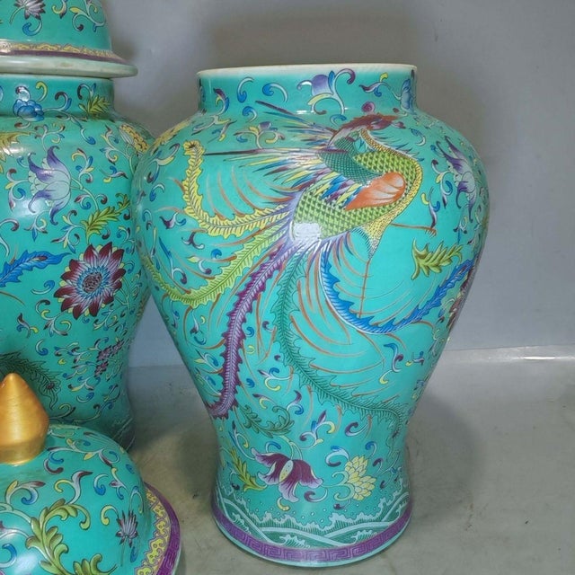 Pair of Chinese Enameled Porcelain Dragon & Phoenix General Jars With Lids - 15" Tall For Sale In Los Angeles - Image 6 of 9