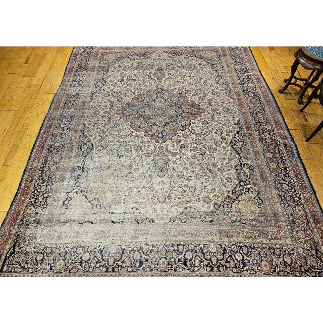 19th Century Persian Kashan Rug, Hand-Knotted Wool & Cotton, Floral Design, Ivory & Navy, 9x12 For Sale - Image 11 of 18