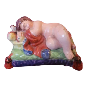 18thc Georgian Prattware Pearlware Coloured Figural Sleeping Cherub Putti Baby Sculpture C1790