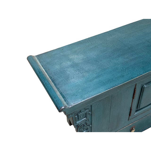 Asian Style Distressed Rustic Teal Blue Low Tv Console Table Cabinet For Sale - Image 13 of 16