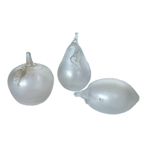 Set of 3 Vintage Murano Silver Leaf Iridescent Blown Glass Fruits - Lemon, Apple, and Pear