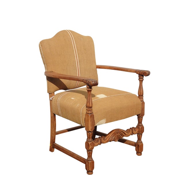 Vintage French Country Farmhouse Chic Custom Upholstered Burlap Linen