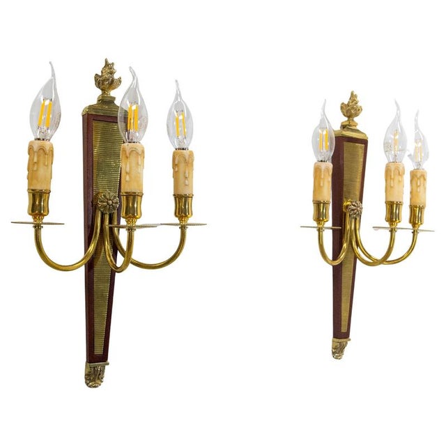 Louis XVI Triple Sconces in Brass and Iroko, 1960s, Set of 2 For Sale - Image 13 of 13