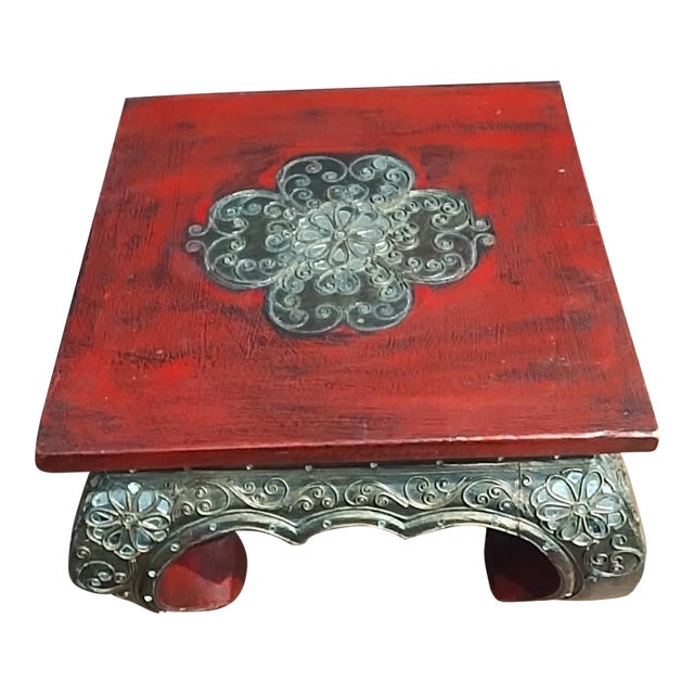 Solid Wood Whimsigoth Asian Ornate Carved Stool/Plant Stand For Sale