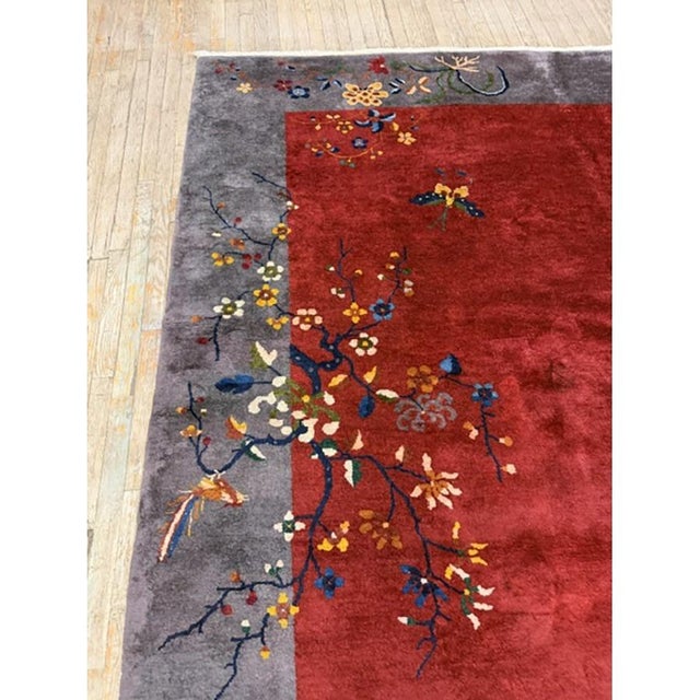 Art Deco 1920s Antique Vibrante Red Field Spray Floral Knotted Wool Chinese Art Deco Rug For Sale - Image 3 of 7