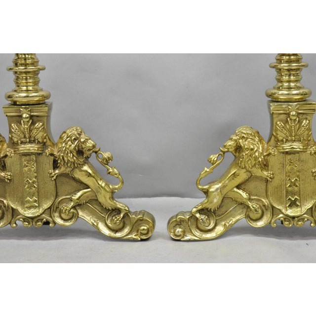 Mid 20th Century French Empire Renaissance Brass Lion Coat of Arms Cannonball Andirons - A Pair For Sale In Philadelphia - Image 6 of 14