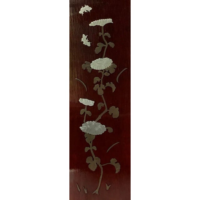 Vintage 1940’s Asian Lacquered Red Mahogany Art Panels With Brass and Tin Flowers and Butterflies Inlay - Set of 2 For Sale - Image 9 of 12