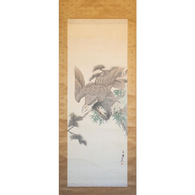 Excellent large antique Japanese silk scroll painting "Eagle" by Imao Keinen (1845-1924), a well known Japanese painter, a...