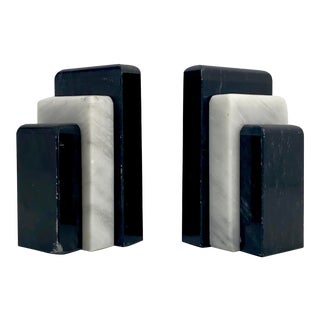 Postmodern Striped Black and White Marble Bookends For Sale