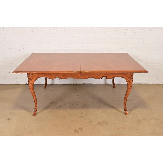 Baker Furniture Italian Provincial Carved Cherry and Burl Wood Extension Dining Table, Newly Refinished For Sale In South Bend - Image 6 of 17