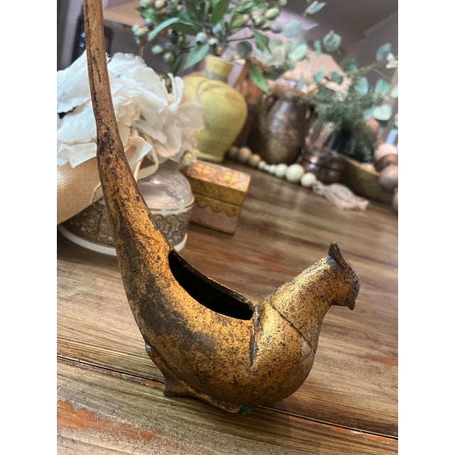 This is a vintage mid-century Japanese cast iron or bronze bird/pheasant figurine, often used as an incense burner (koro)...