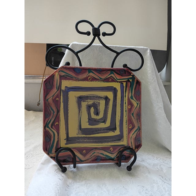 Postmodern Vintage 1980s Karen Howell Studio Art Pottery Square Ceramic Charger Plate For Sale - Image 3 of 8