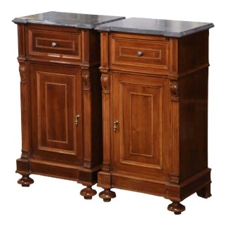 Pair of 19th Century Italian Louis Philippe Grey Marble Top Walnut Nightstands For Sale