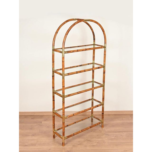 Large Italian Arch Shelf in Rattan and Brass, 1970s For Sale - Image 3 of 17