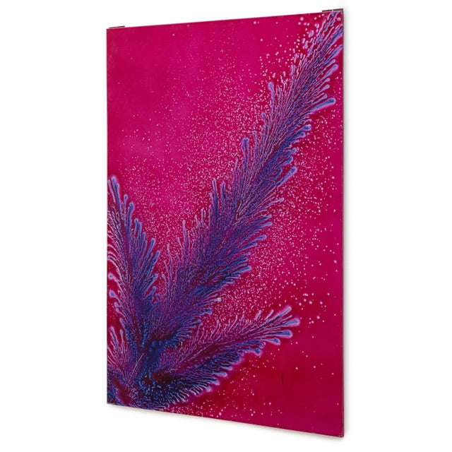 Metal enamel wall painting. Large Pop Art 1970s amphora style painting in enamel on metal. Vibrant purple feather-like...